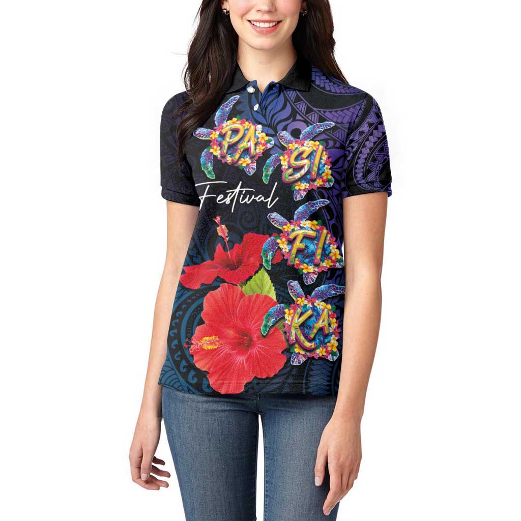 Pasifika Festival Women Polo Shirt Plumeria Turtles with Hibiscus - Polynesian Art Tattoo Dark Navy Color