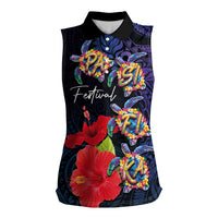 Pasifika Festival Women Sleeveless Polo Shirt Plumeria Turtles with Hibiscus - Polynesian Art Tattoo Dark Navy Color LT03 Female Dark Navy - Polynesian Pride