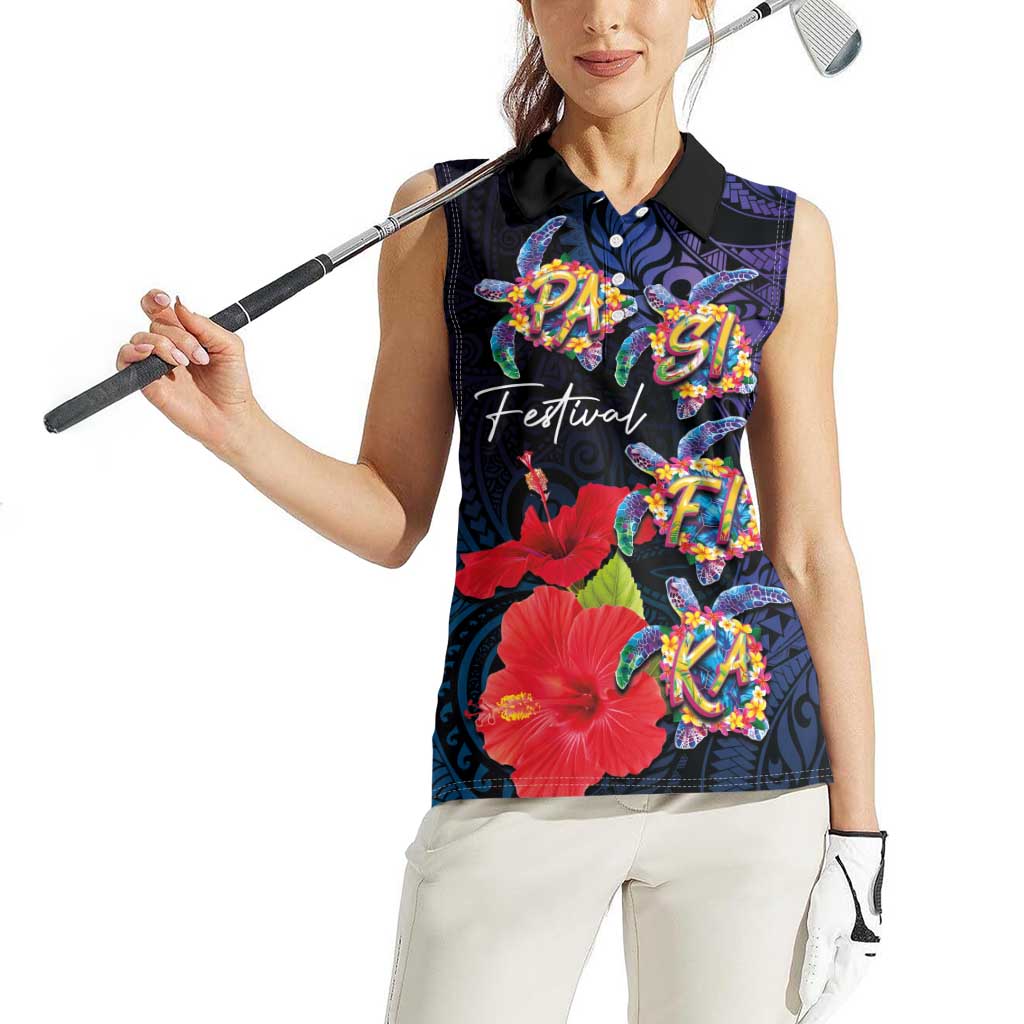 Pasifika Festival Women Sleeveless Polo Shirt Plumeria Turtles with Hibiscus - Polynesian Art Tattoo Dark Navy Color LT03 - Polynesian Pride