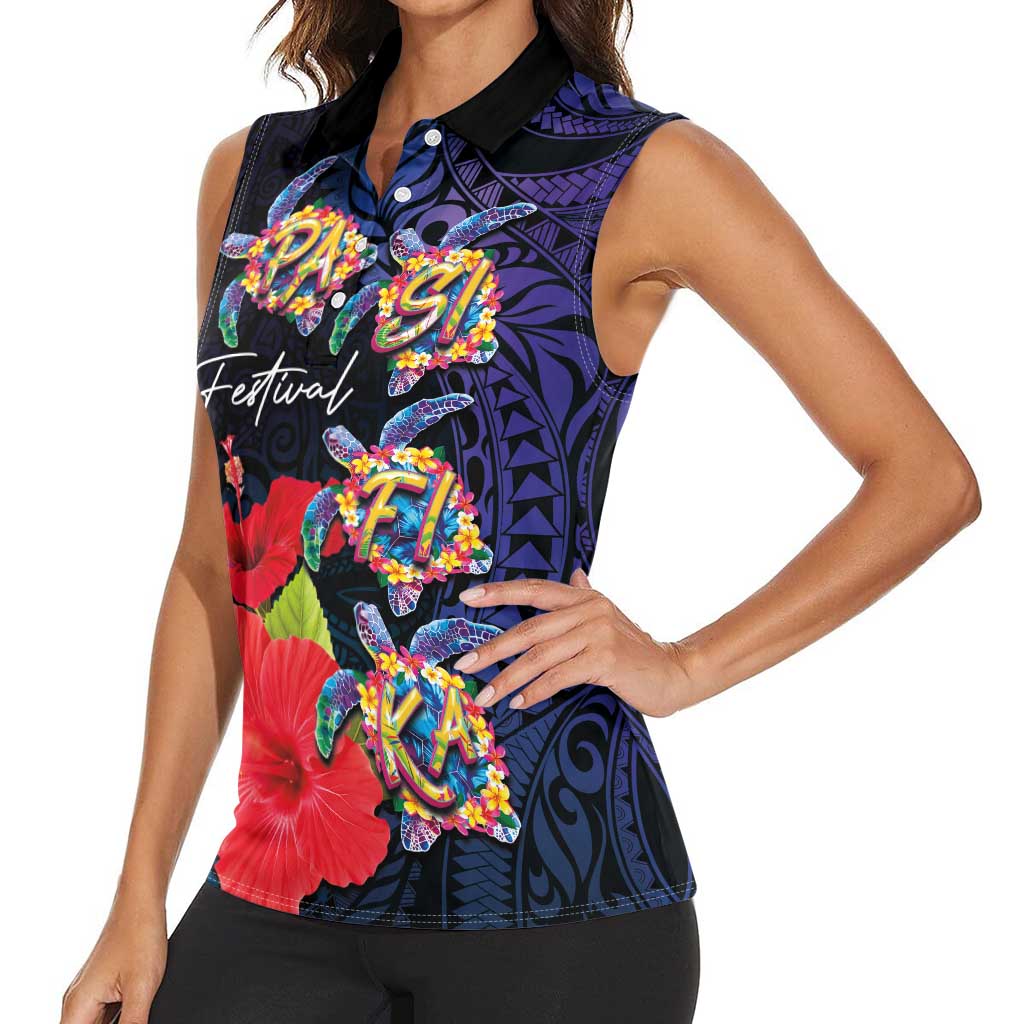 Pasifika Festival Women Sleeveless Polo Shirt Plumeria Turtles with Hibiscus - Polynesian Art Tattoo Dark Navy Color LT03 - Polynesian Pride