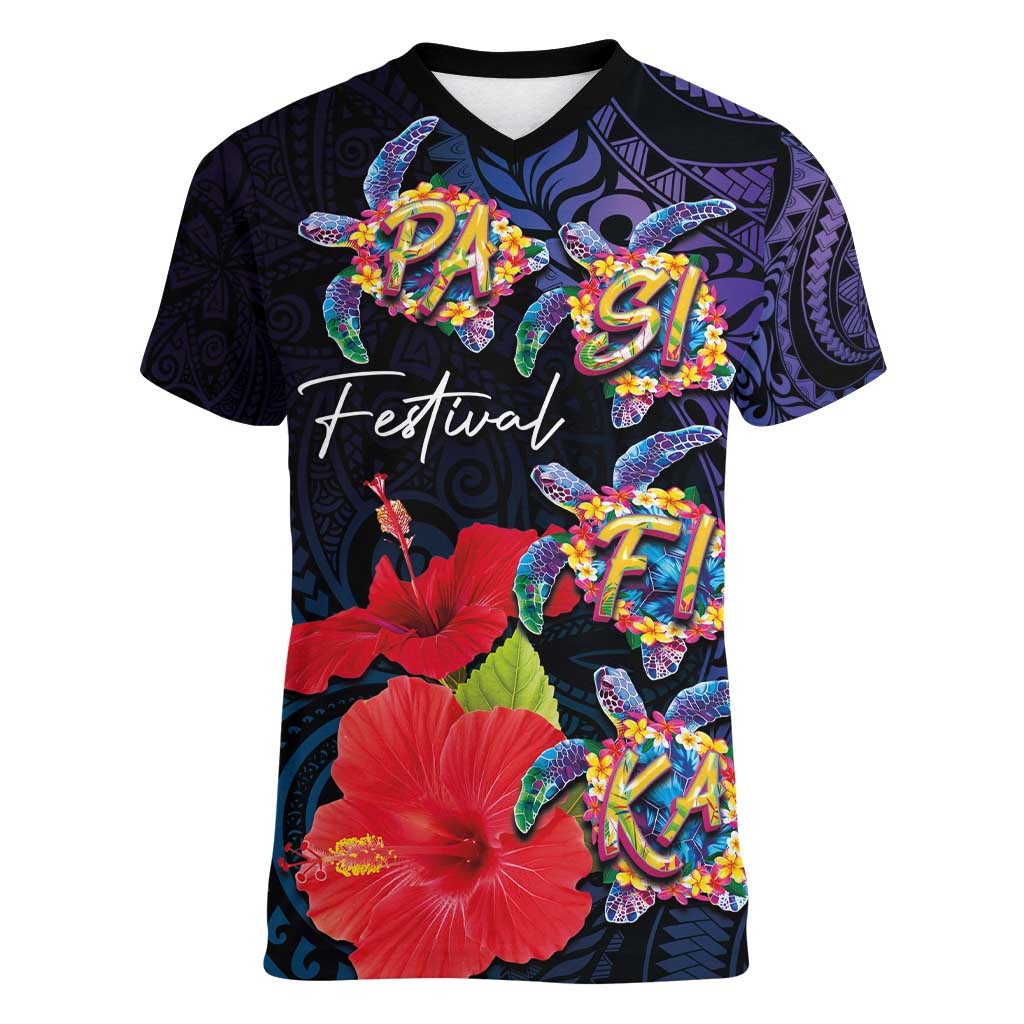 Pasifika Festival Women V-Neck T-Shirt Plumeria Turtles with Hibiscus - Polynesian Art Tattoo Dark Navy Color LT03 Female Dark Navy - Polynesian Pride
