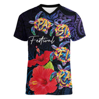 Pasifika Festival Women V-Neck T-Shirt Plumeria Turtles with Hibiscus - Polynesian Art Tattoo Dark Navy Color LT03 Female Dark Navy - Polynesian Pride