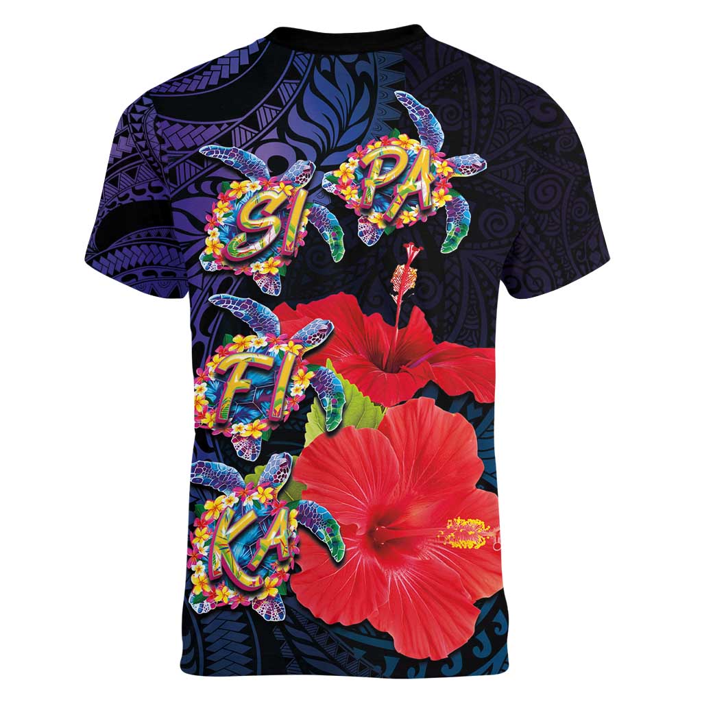 Pasifika Festival Women V-Neck T-Shirt Plumeria Turtles with Hibiscus - Polynesian Art Tattoo Dark Navy Color LT03 - Polynesian Pride