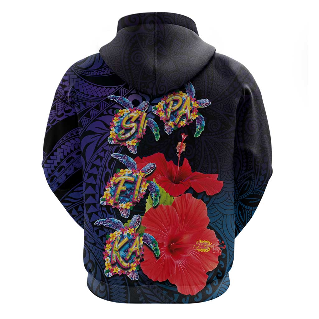 Pasifika Festival Zip Hoodie Plumeria Turtles with Hibiscus - Polynesian Art Tattoo Dark Navy Color LT03 - Polynesian Pride