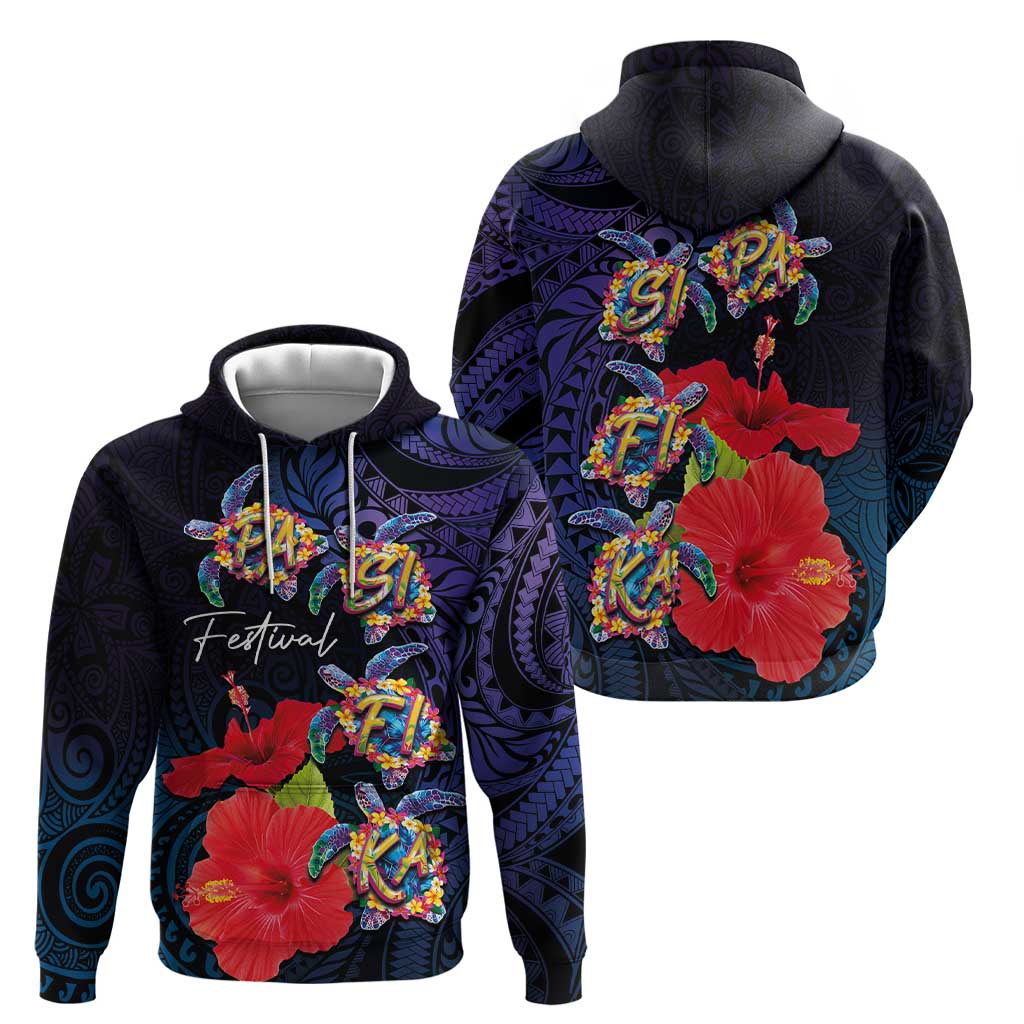 Pasifika Festival Zip Hoodie Plumeria Turtles with Hibiscus - Polynesian Art Tattoo Dark Navy Color LT03 - Polynesian Pride