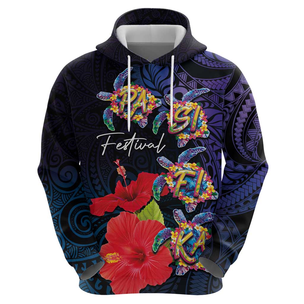 Pasifika Festival Zip Hoodie Plumeria Turtles with Hibiscus - Polynesian Art Tattoo Dark Navy Color LT03 - Polynesian Pride