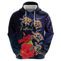 Pasifika Festival Zip Hoodie Plumeria Turtles with Hibiscus - Polynesian Art Tattoo Dark Navy Color LT03 - Polynesian Pride