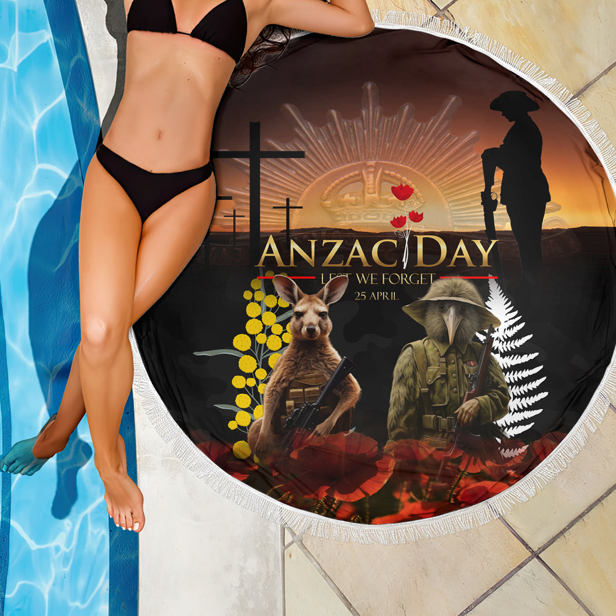New Zealand and Australia ANZAC Day Beach Blanket Kiwi Bird and Kangaroo Soldier LT03 - Polynesian Pride