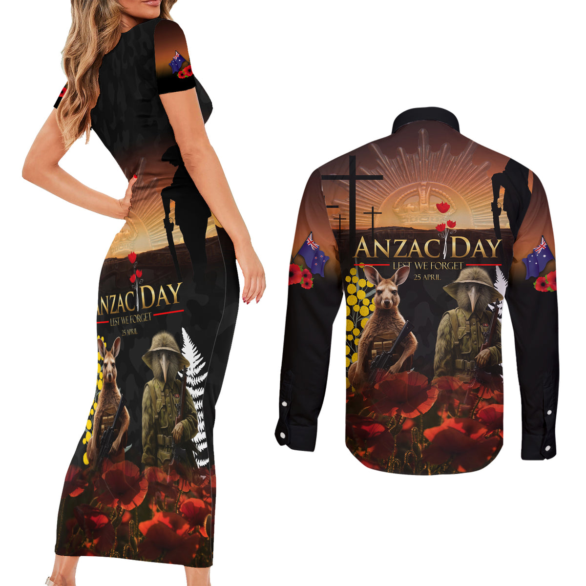 New Zealand and Australia ANZAC Day Couples Matching Short Sleeve Bodycon Dress and Long Sleeve Button Shirt Kiwi Bird and Kangaroo Soldier LT03 - Polynesian Pride