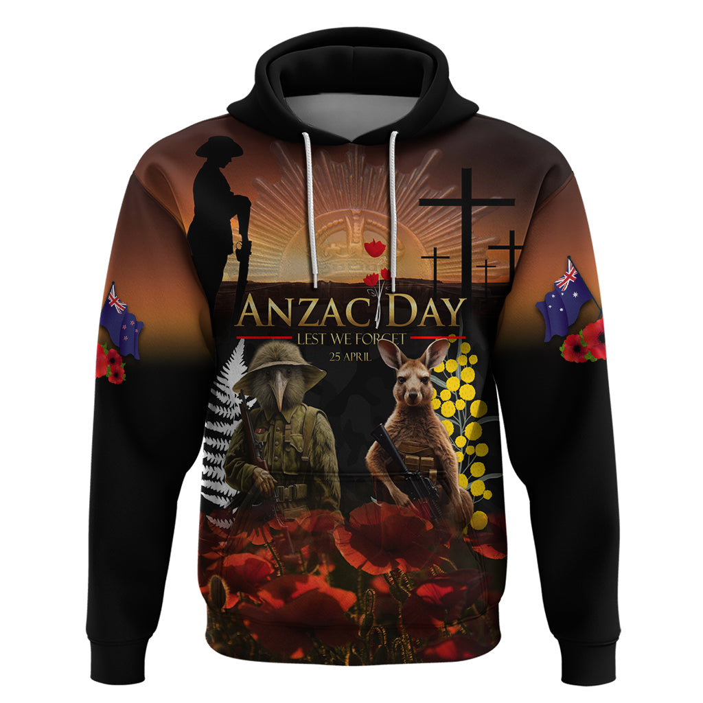 New Zealand and Australia ANZAC Day Hoodie Kiwi Bird and Kangaroo Soldier LT03 Pullover Hoodie Black - Polynesian Pride