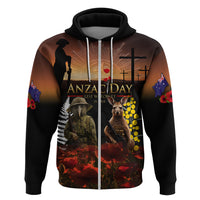 New Zealand and Australia ANZAC Day Hoodie Kiwi Bird and Kangaroo Soldier LT03 Zip Hoodie Black - Polynesian Pride