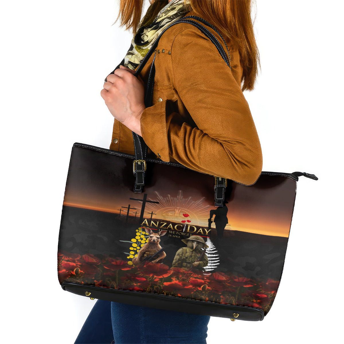 New Zealand and Australia ANZAC Day Leather Tote Bag Kiwi Bird and Kangaroo Soldier LT03 Black - Polynesian Pride