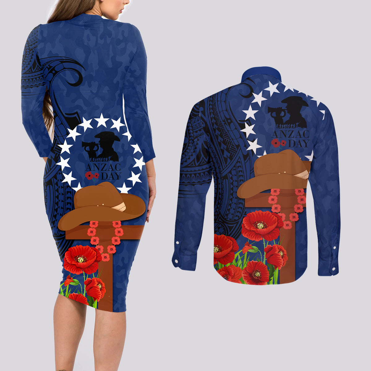 Cook Island ANZAC Day Couples Matching Long Sleeve Bodycon Dress and Long Sleeve Button Shirt Soldier Paying Respect We Shall Remember Them LT03 - Polynesian Pride