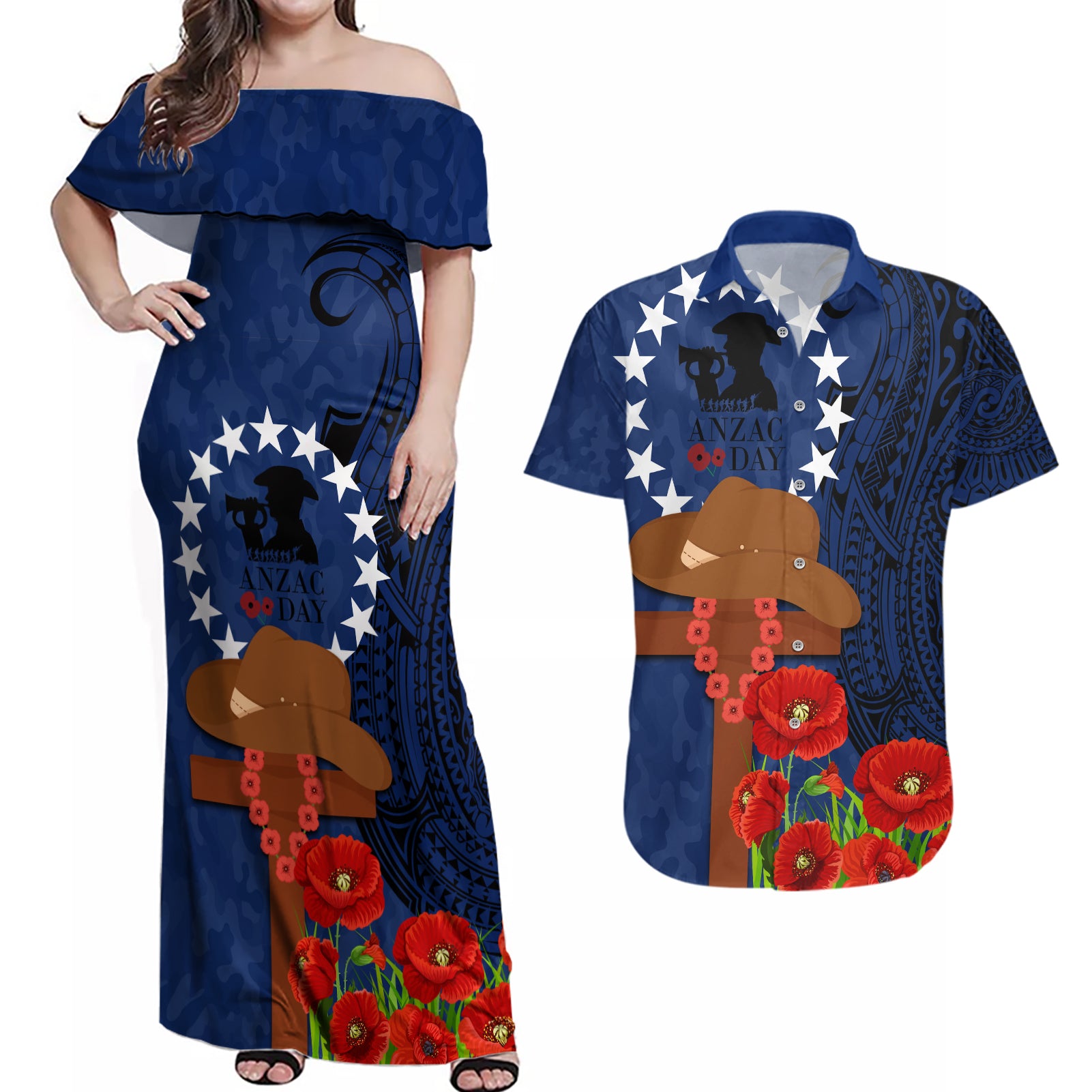 Cook Island ANZAC Day Couples Matching Off Shoulder Maxi Dress and Hawaiian Shirt Soldier Paying Respect We Shall Remember Them LT03 Blue - Polynesian Pride