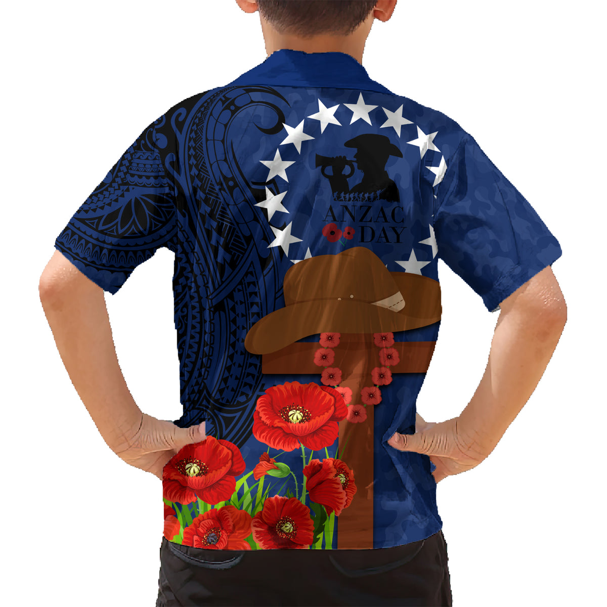 Cook Island ANZAC Day Family Matching Short Sleeve Bodycon Dress and Hawaiian Shirt Soldier Paying Respect We Shall Remember Them LT03 - Polynesian Pride