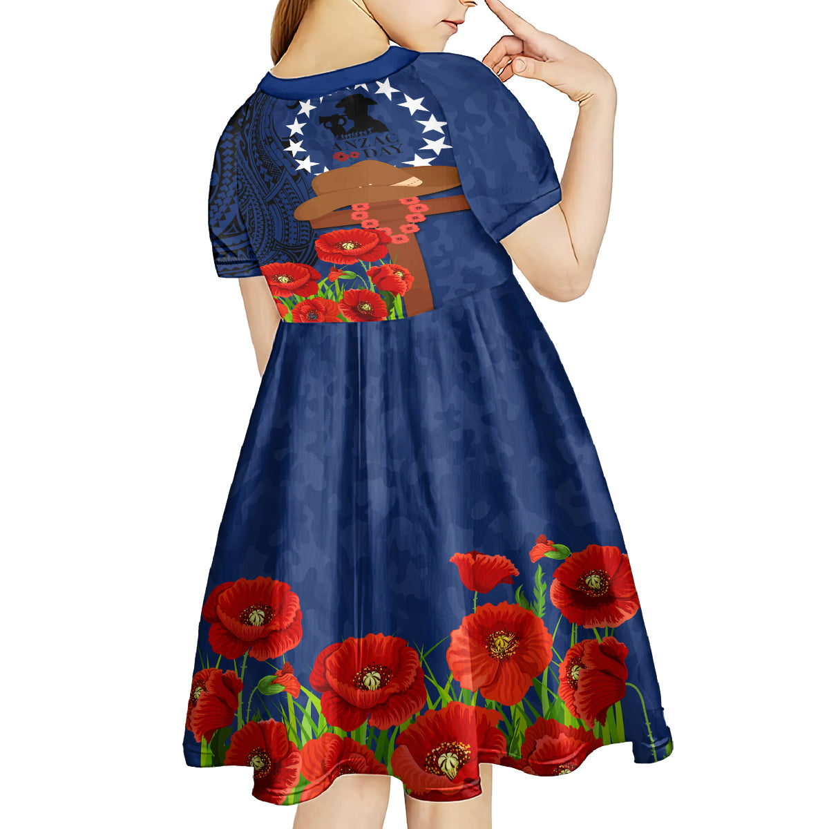 Cook Island ANZAC Day Kid Short Sleeve Dress Soldier Paying Respect We Shall Remember Them LT03 - Polynesian Pride