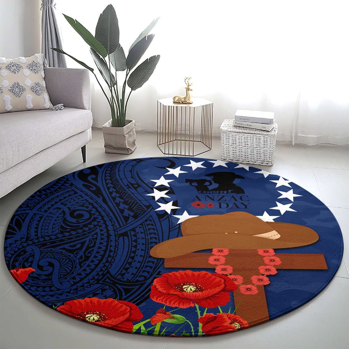 Cook Islands ANZAC Day Round Carpet Soldier Paying Respect We Shall Remember Them LT03 - Polynesian Pride