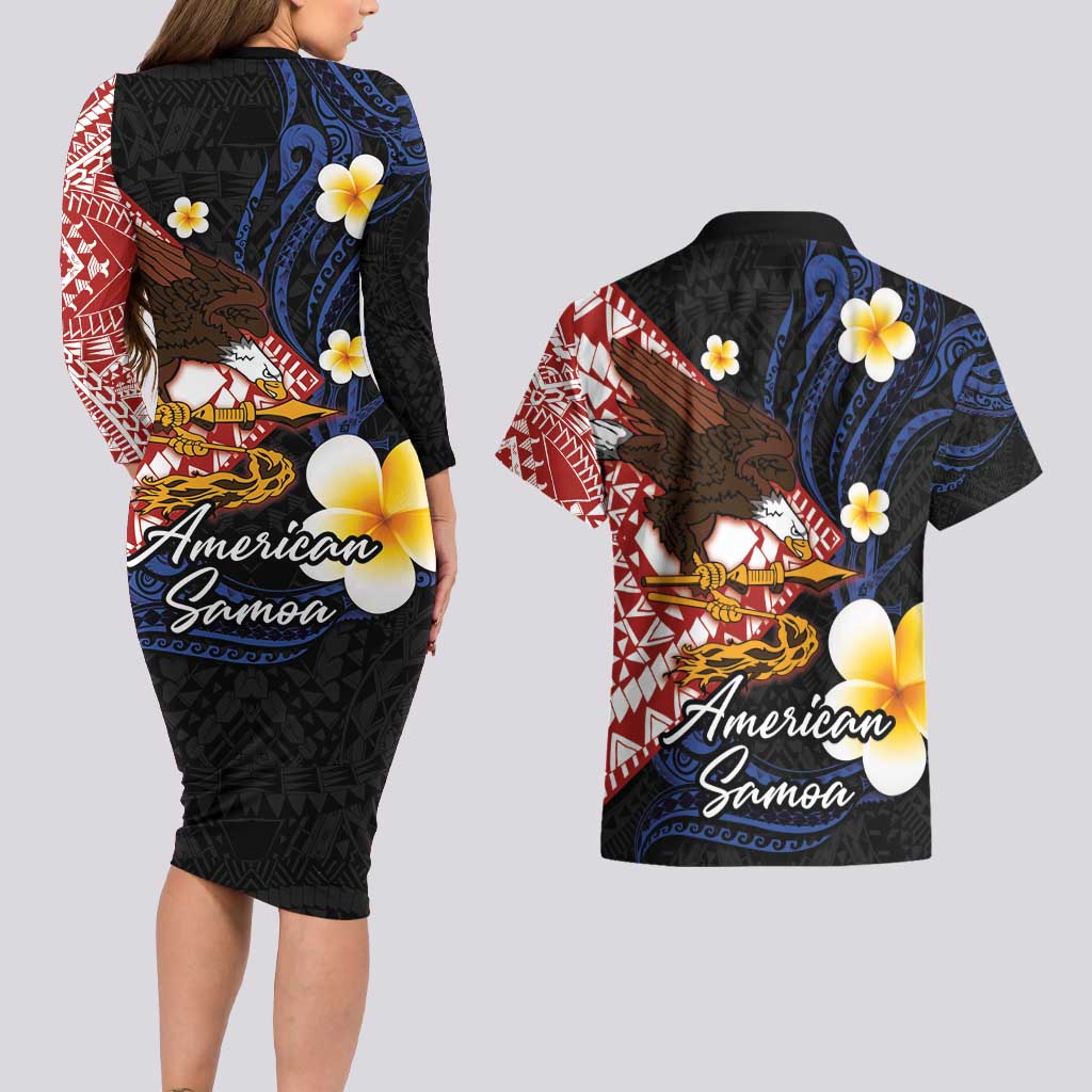 American Samoa Flag Day Couples Matching Long Sleeve Bodycon Dress and Hawaiian Shirt Polynesian Tatau Art and Plumeria