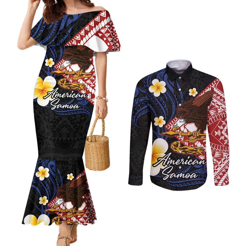 American Samoa Flag Day Couples Matching Mermaid Dress and Long Sleeve Button Shirt Polynesian Tatau Art and Plumeria