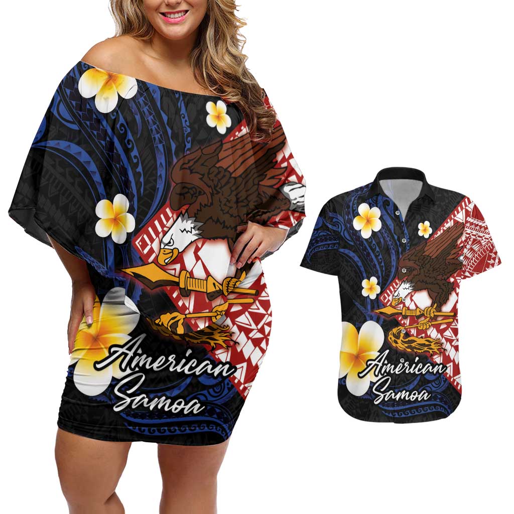 American Samoa Flag Day Couples Matching Off Shoulder Short Dress and Hawaiian Shirt Polynesian Tatau Art and Plumeria
