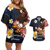 American Samoa Flag Day Couples Matching Off Shoulder Short Dress and Hawaiian Shirt Polynesian Tatau Art and Plumeria
