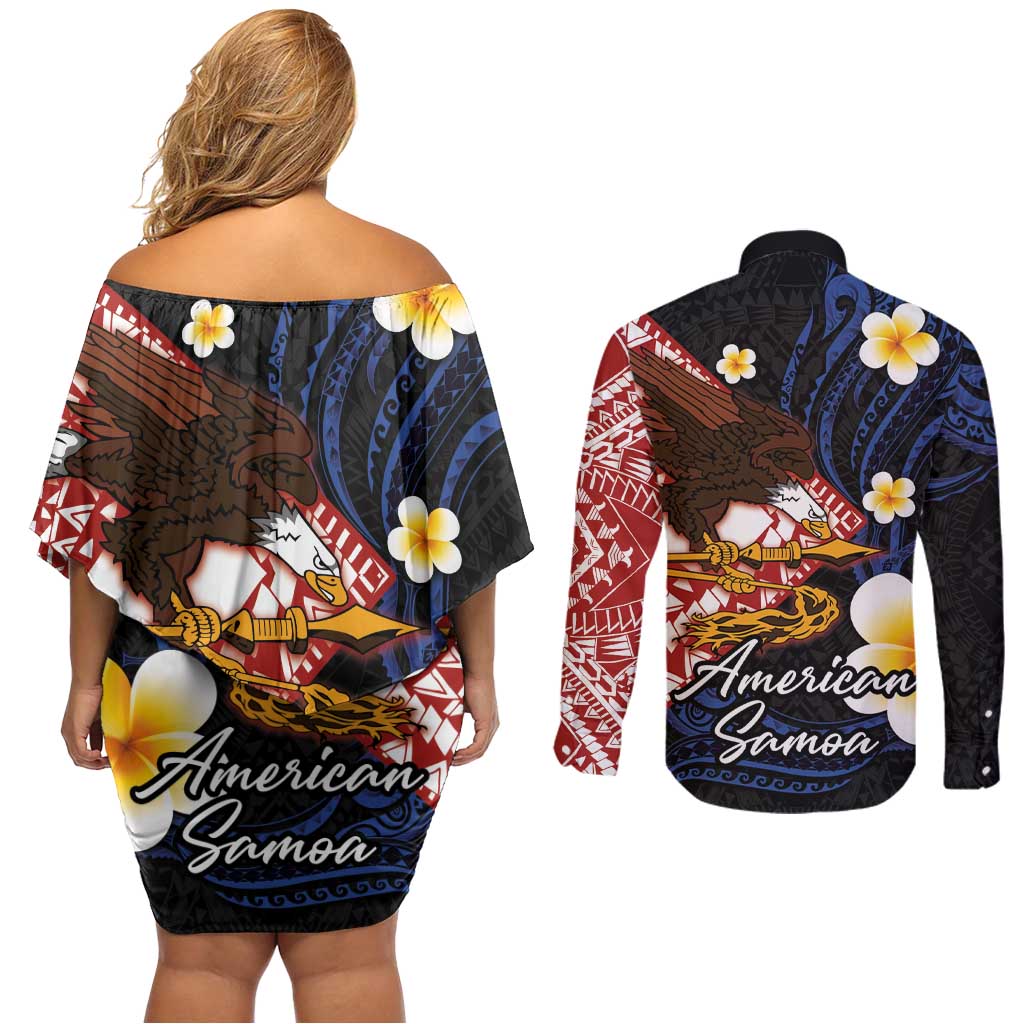 American Samoa Flag Day Couples Matching Off Shoulder Short Dress and Long Sleeve Button Shirt Polynesian Tatau Art and Plumeria