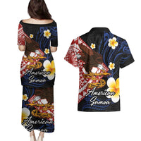 American Samoa Flag Day Couples Matching Puletasi and Hawaiian Shirt Polynesian Tatau Art and Plumeria