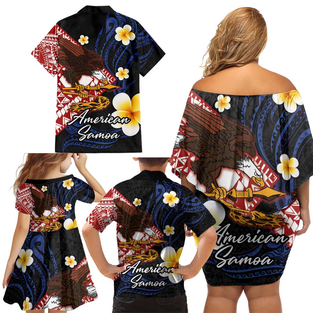 American Samoa Flag Day Family Matching Off Shoulder Short Dress and Hawaiian Shirt Polynesian Tatau Art and Plumeria