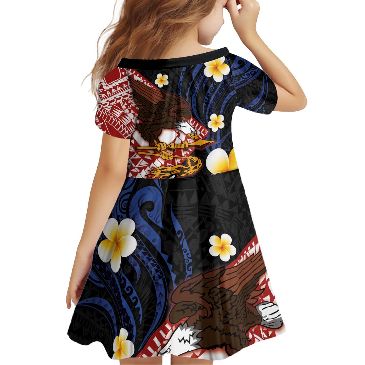 American Samoa Flag Day Kid Short Sleeve Dress Polynesian Tatau Art and Plumeria