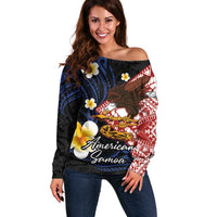 American Samoa Flag Day Off Shoulder Sweater Polynesian Tatau Art and Plumeria