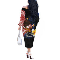 American Samoa Flag Day Off The Shoulder Long Sleeve Dress Polynesian Tatau Art and Plumeria
