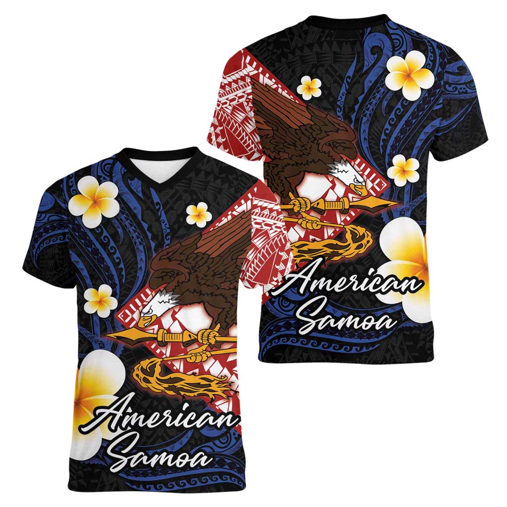 American Samoa Flag Day Women V-Neck T-Shirt Polynesian Tatau Art and Plumeria