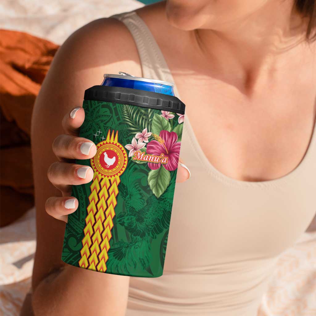 Manu'a 4 in 1 Can Cooler Tumbler Polynesian Style with Rooster Tattoo and Tropical Plants
