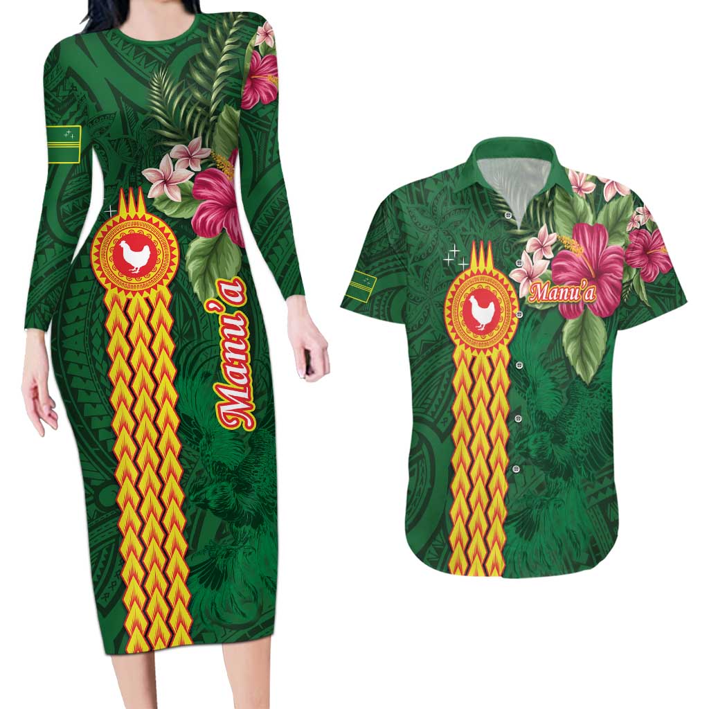 Manuʻa Islands Couples Matching Long Sleeve Bodycon Dress and Hawaiian Shirt Polynesian Style with Rooster Tattoo and Tropical Plants