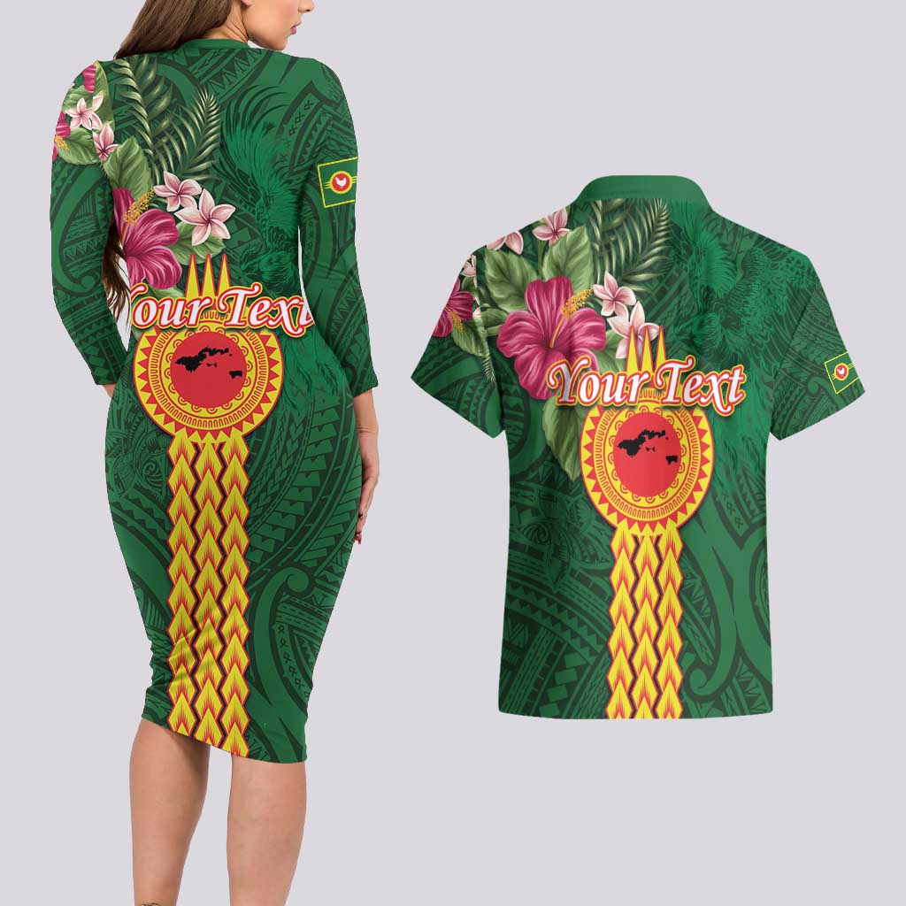 Manuʻa Islands Couples Matching Long Sleeve Bodycon Dress and Hawaiian Shirt Polynesian Style with Rooster Tattoo and Tropical Plants