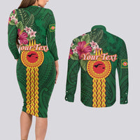 Personalised Manuʻa Islands Couples Matching Long Sleeve Bodycon Dress and Long Sleeve Button Shirt Polynesian Style with Rooster Tattoo and Tropical Plants LT03 - Polynesian Pride