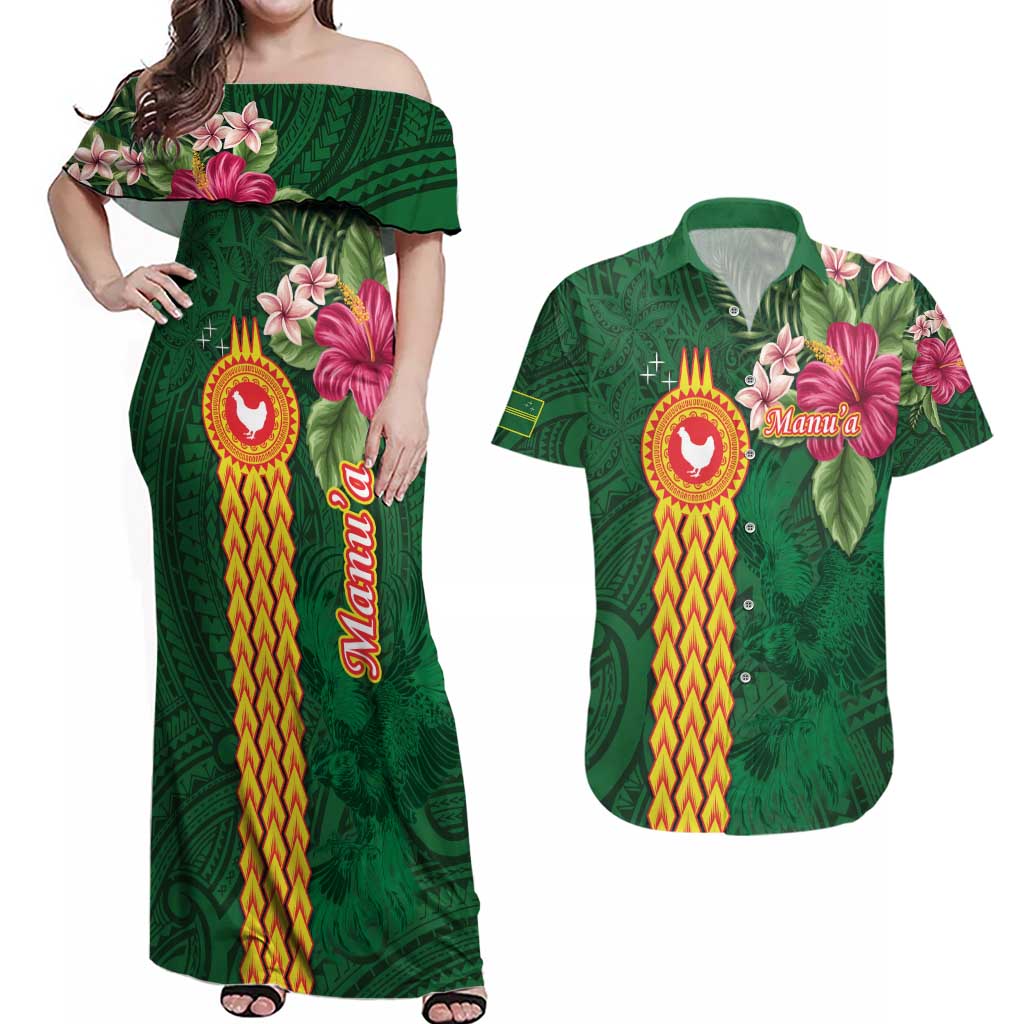 Personalised Manuʻa Islands Couples Matching Off Shoulder Maxi Dress and Hawaiian Shirt Polynesian Style with Rooster Tattoo and Tropical Plants LT03 Green - Polynesian Pride