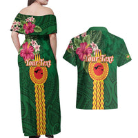 Personalised Manuʻa Islands Couples Matching Off Shoulder Maxi Dress and Hawaiian Shirt Polynesian Style with Rooster Tattoo and Tropical Plants LT03 - Polynesian Pride