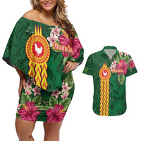 Manuʻa Islands Couples Matching Off Shoulder Short Dress and Hawaiian Shirt Polynesian Style with Rooster Tattoo and Tropical Plants