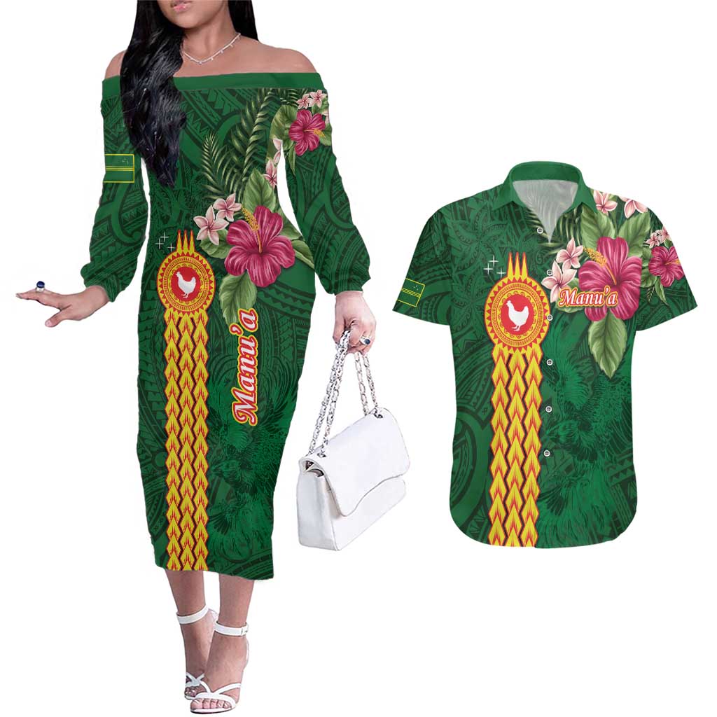 Personalised Manuʻa Islands Couples Matching Off The Shoulder Long Sleeve Dress and Hawaiian Shirt Polynesian Style with Rooster Tattoo and Tropical Plants LT03 Green - Polynesian Pride