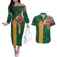 Personalised Manuʻa Islands Couples Matching Off The Shoulder Long Sleeve Dress and Hawaiian Shirt Polynesian Style with Rooster Tattoo and Tropical Plants LT03 Green - Polynesian Pride
