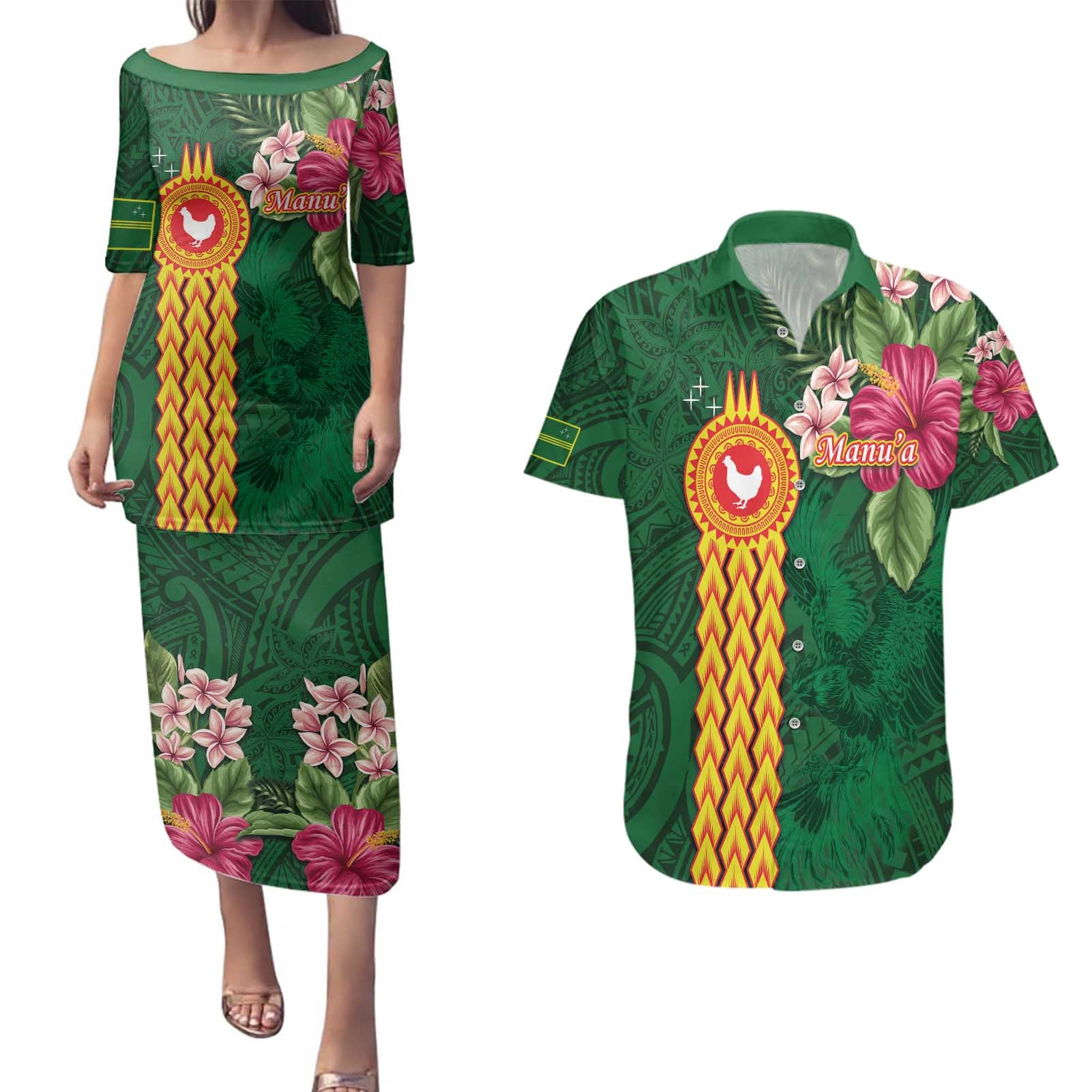 Manuʻa Islands Couples Matching Puletasi and Hawaiian Shirt Polynesian Style with Rooster Tattoo and Tropical Plants