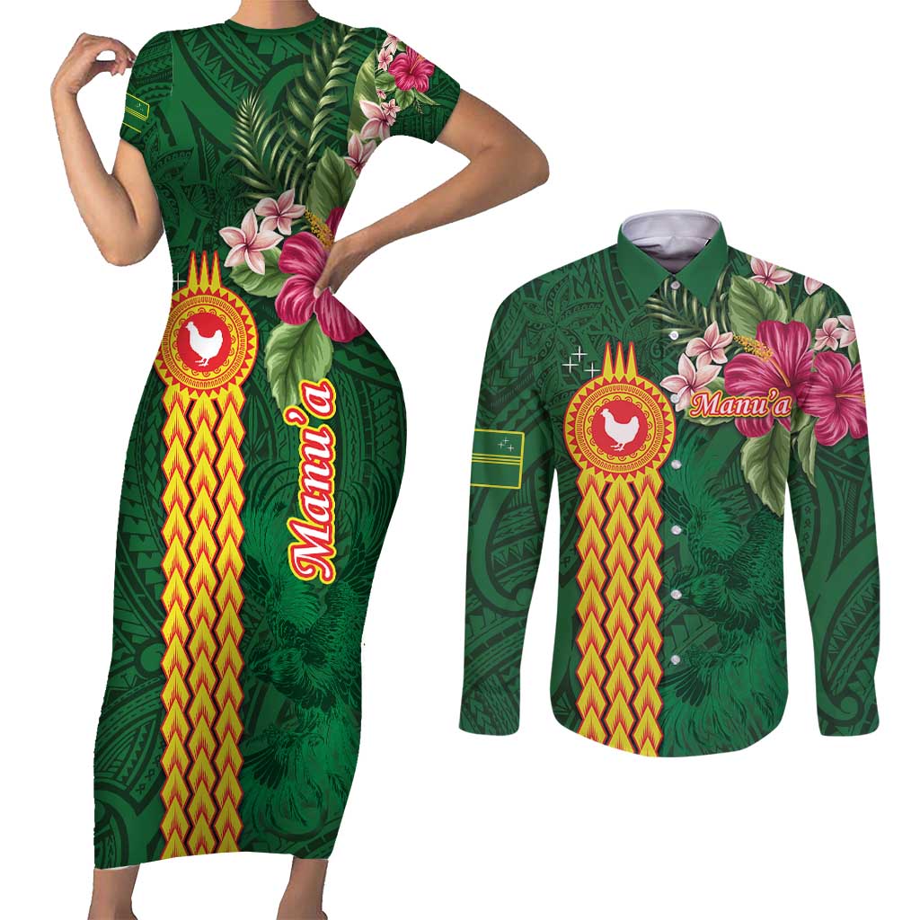 Personalised Manuʻa Islands Couples Matching Short Sleeve Bodycon Dress and Long Sleeve Button Shirt Polynesian Style with Rooster Tattoo and Tropical Plants LT03 Green - Polynesian Pride