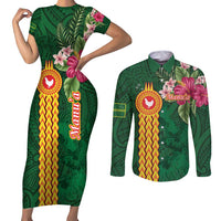 Personalised Manuʻa Islands Couples Matching Short Sleeve Bodycon Dress and Long Sleeve Button Shirt Polynesian Style with Rooster Tattoo and Tropical Plants LT03 Green - Polynesian Pride