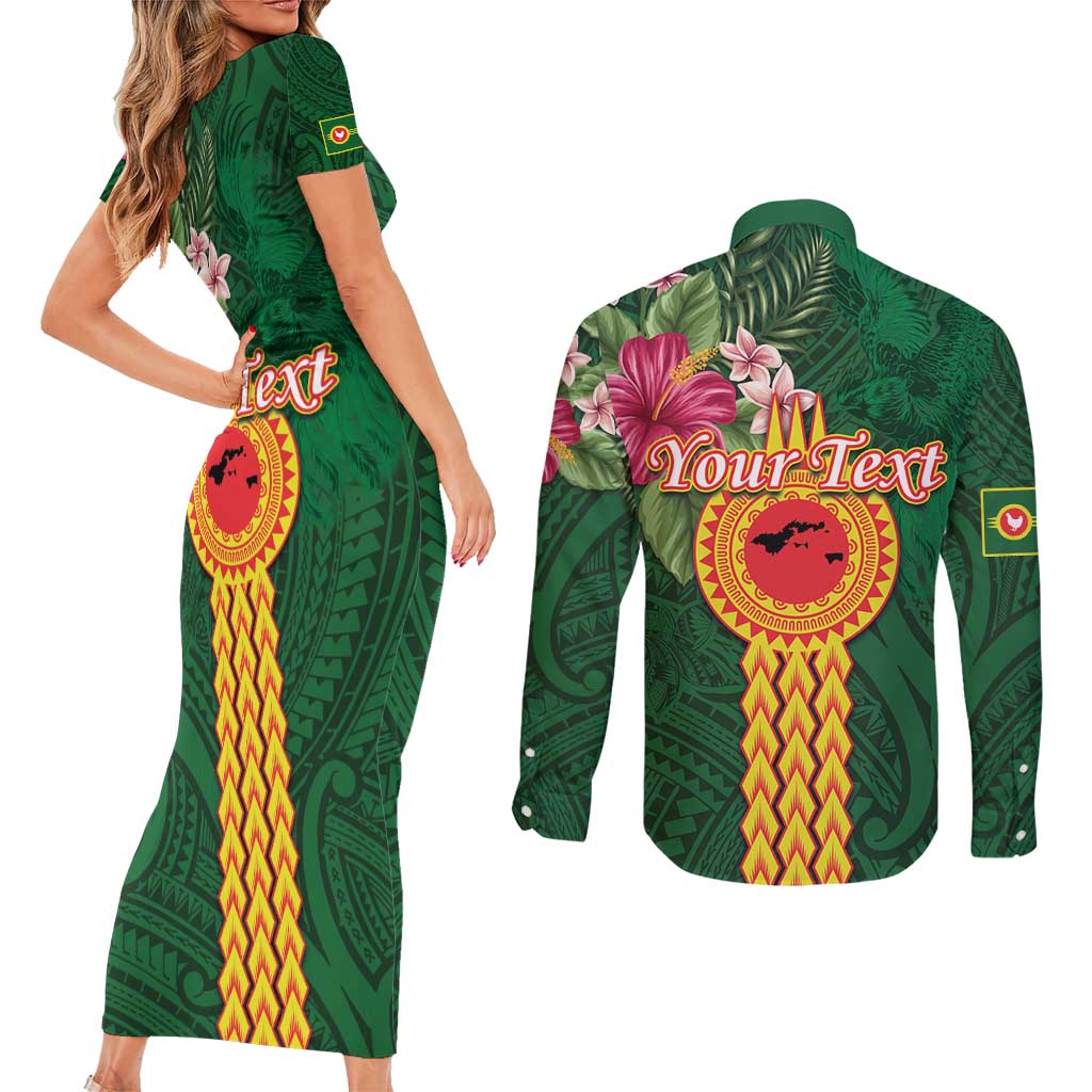 Personalised Manuʻa Islands Couples Matching Short Sleeve Bodycon Dress and Long Sleeve Button Shirt Polynesian Style with Rooster Tattoo and Tropical Plants LT03 - Polynesian Pride
