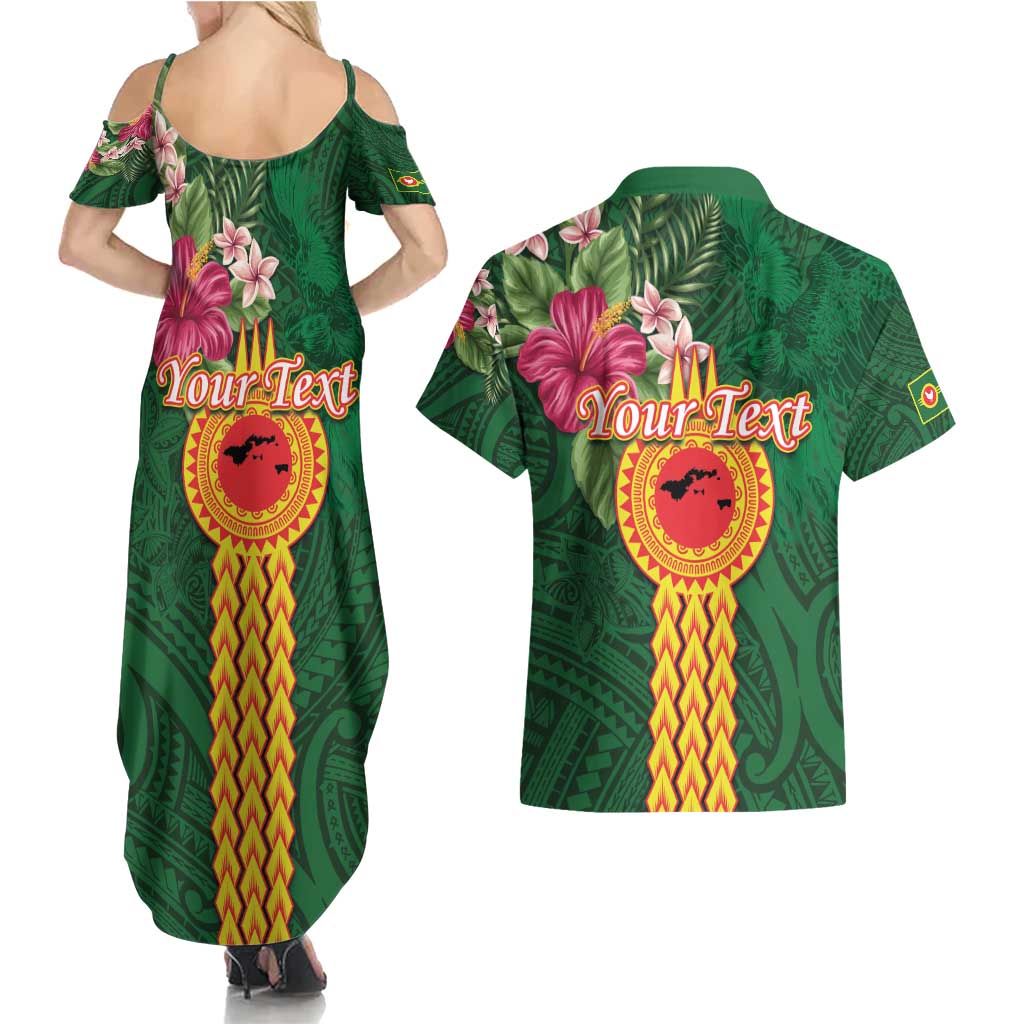 Manuʻa Islands Couples Matching Summer Maxi Dress and Hawaiian Shirt Polynesian Style with Rooster Tattoo and Tropical Plants