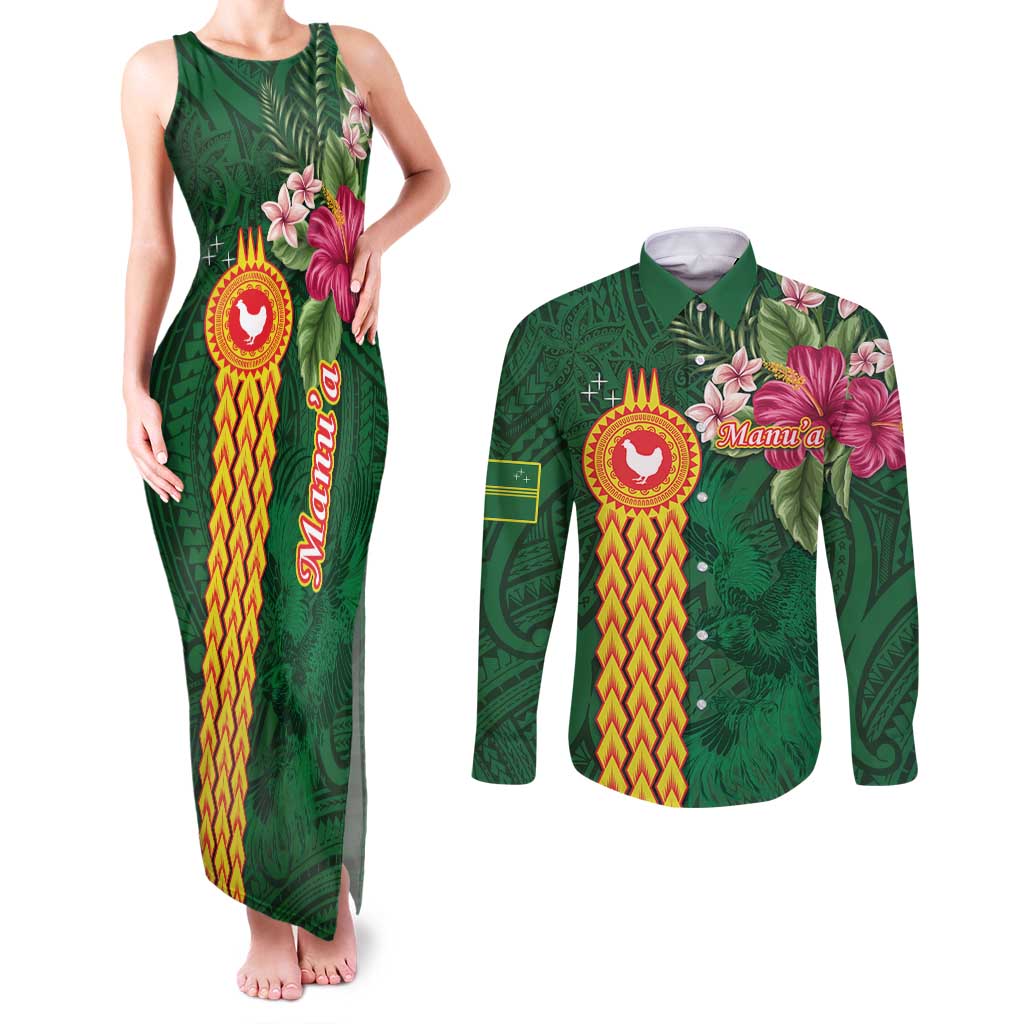 Manuʻa Islands Couples Matching Tank Maxi Dress and Long Sleeve Button Shirt Polynesian Style with Rooster Tattoo and Tropical Plants