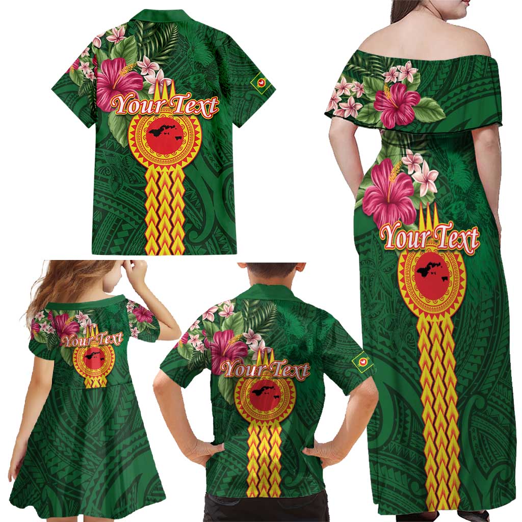 Manuʻa Islands Family Matching Off Shoulder Maxi Dress and Hawaiian Shirt Polynesian Style with Rooster Tattoo and Tropical Plants