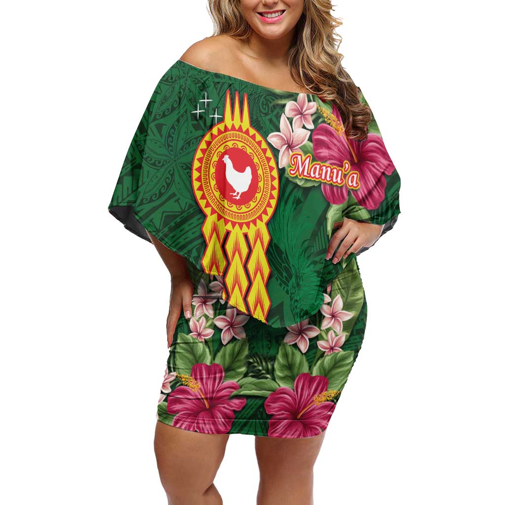 Manuʻa Islands Family Matching Off Shoulder Short Dress and Hawaiian Shirt Polynesian Style with Rooster Tattoo and Tropical Plants