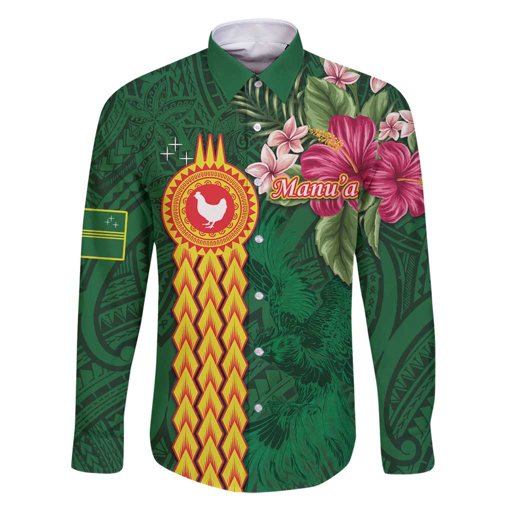 Personalised Manuʻa Islands Family Matching Puletasi and Hawaiian Shirt Polynesian Style with Rooster Tattoo and Tropical Plants LT03 Dad's Shirt - Long Sleeve Green - Polynesian Pride